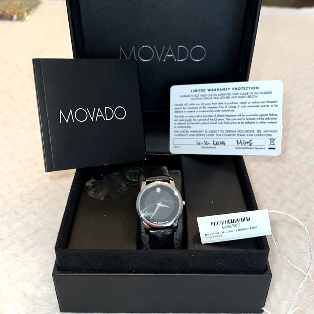 MOVADO Women's Museum Classic Watch – Black Dial, Leather Band, NEW Never Used
